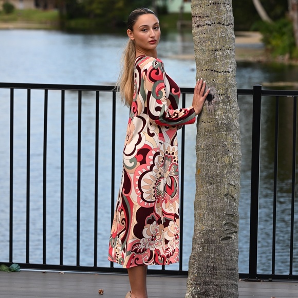 DEVORAH'S SECRET Modest Midi Dress Modern Floral Brown&Coral / Regular& Plus - Picture 3 of 6